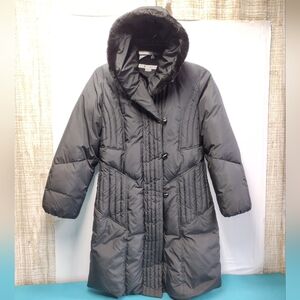 Larry Levine Down Hooded Puffer Jacket Long Coat Faux Fur Full Zip - Size M